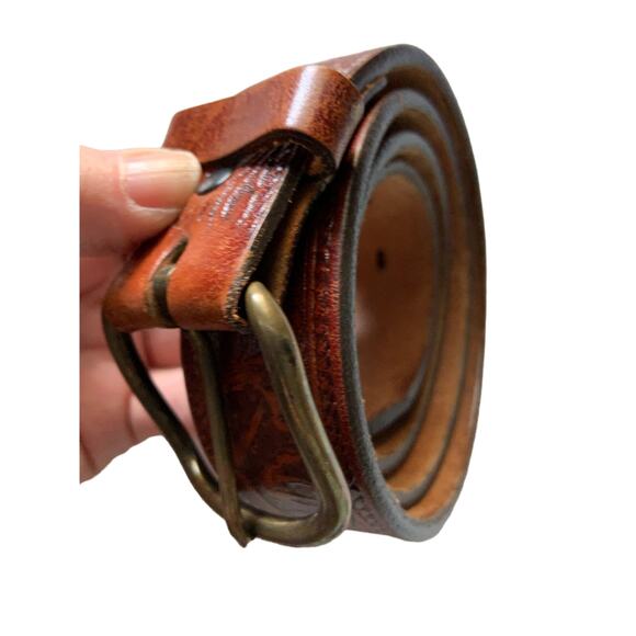 Vintage Tooled Animal Print Belt Top Grain Cowhide  Brown Leather Belt Z11 - Picture 1 of 7